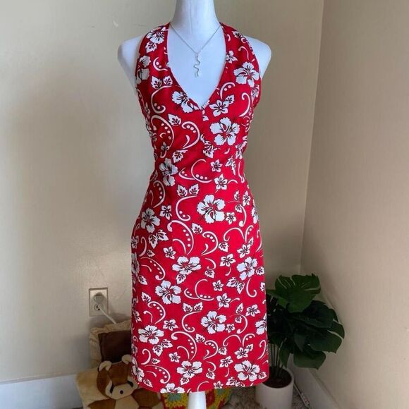 Vintage red & white hibiscus floral halter dress - Picture 5 of 7
